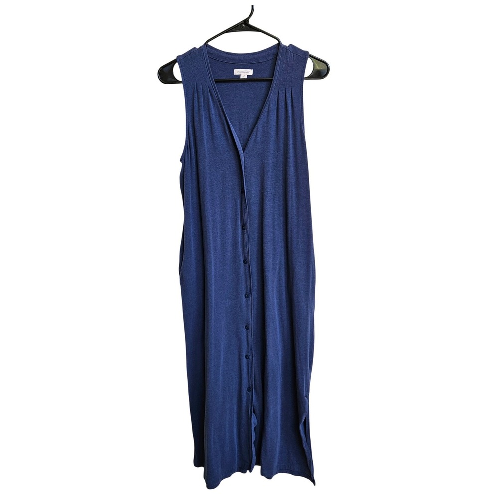 ON GOSSAMER Slate Blue Sleeveless Button Midi Dress Size Medium Coastal Lounge